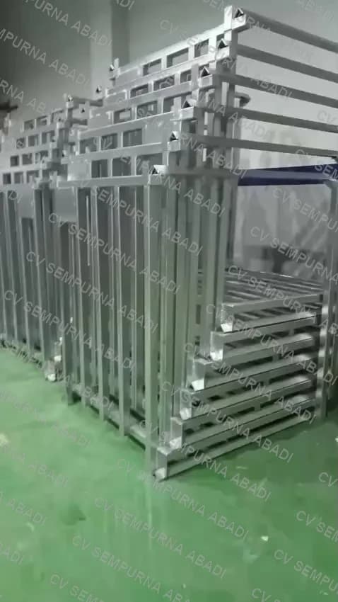 Rangka keranjang ditumpuk rapi di gudang