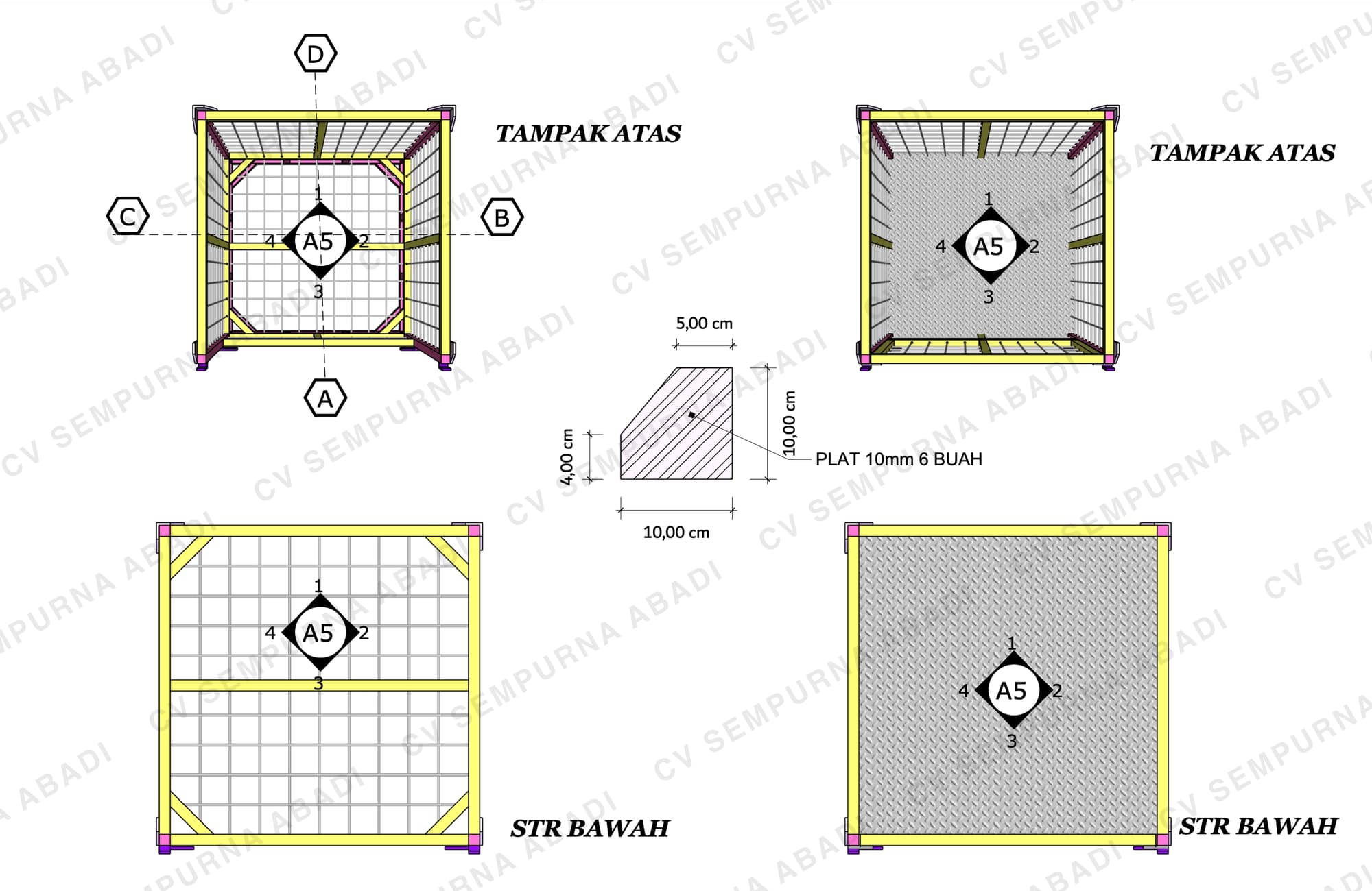 Tampak atas, struktur bawah, dan pelat sudut 10 mm