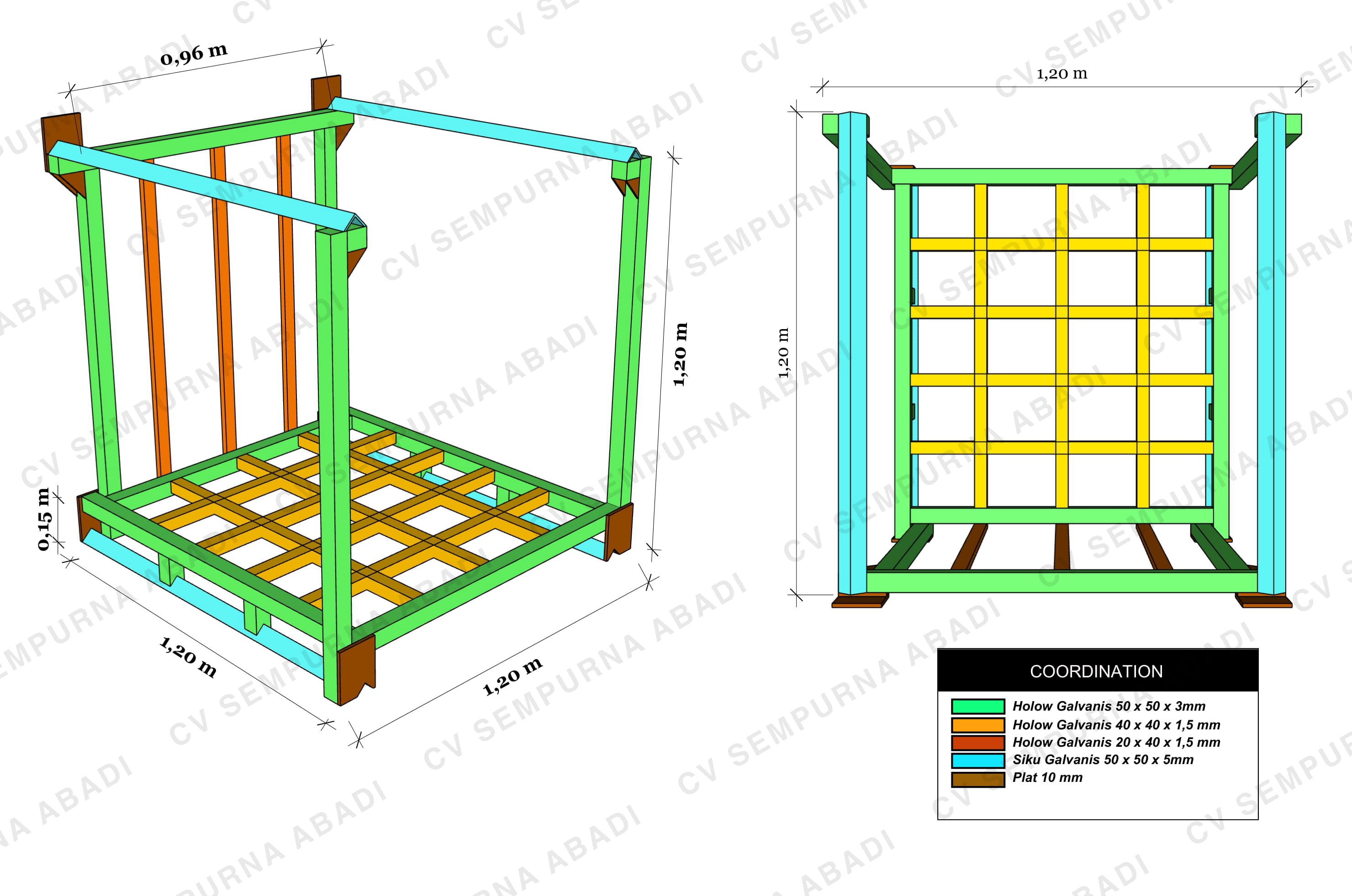 Gambar kerja keranjang susun besi 1,20 × 1,20 × 1,20 m dengan jenis profil